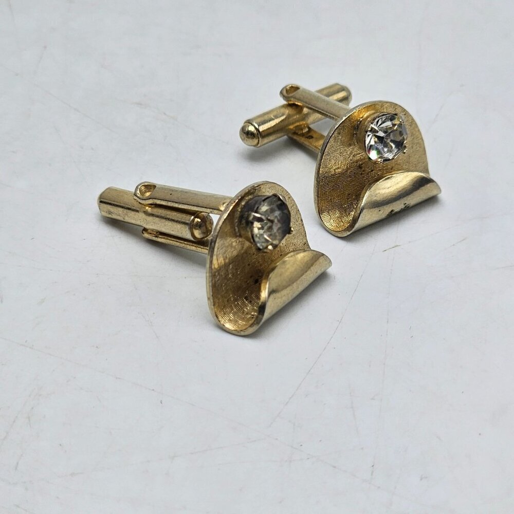 Vintage Gold Textured Clear Rhinestone Cufflinks Mid Century Modern Design - Picture 3 of 5
